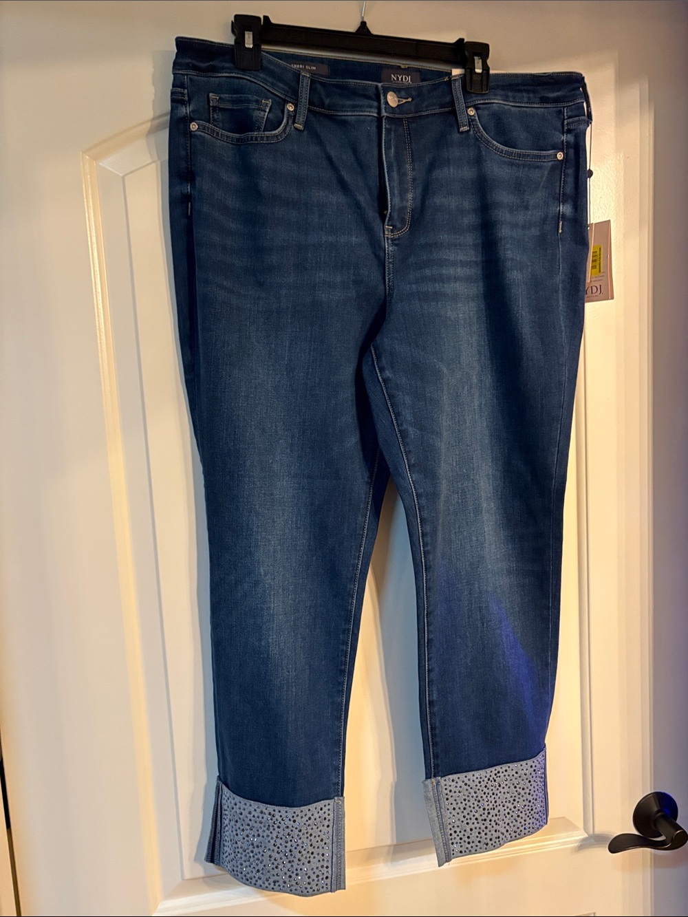NYDJ Dark Blue Cuffed Ankle Jeans with Embellished Hem